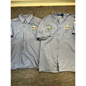 Vintage Mobil Oil Mechanic Shirts Lot of 2 Clayton Workwear Blue XL 2XL Patches
